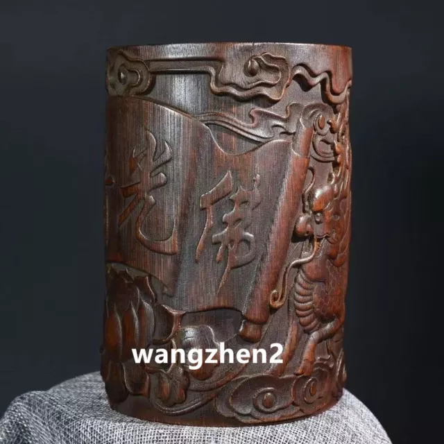 Chinese Wood brush pot Bamboo carving Pen holder Kirin pattern pen container