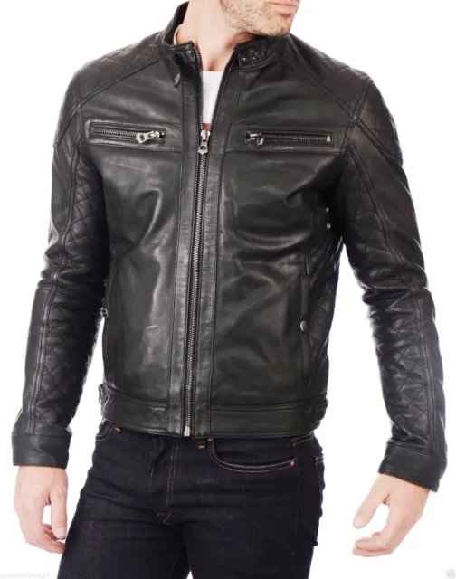 Black Leather Jacket Men Biker Motorcycle Racer Casual Soft Lambskin Jacket Sale