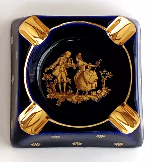 Limoges France Porcelain Cobalt Blue / Gold Ashtray Trinket Courting Couple