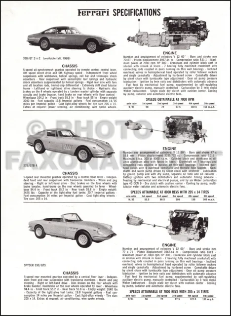 1967-1968 Ferrari Specs Brochure 330 GT Spyder GTS 275 GTB Original Sales Sheet 2