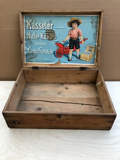 Hausens Kasseler Hafer Kakao Kinder Frühstück alte antike Holzkiste