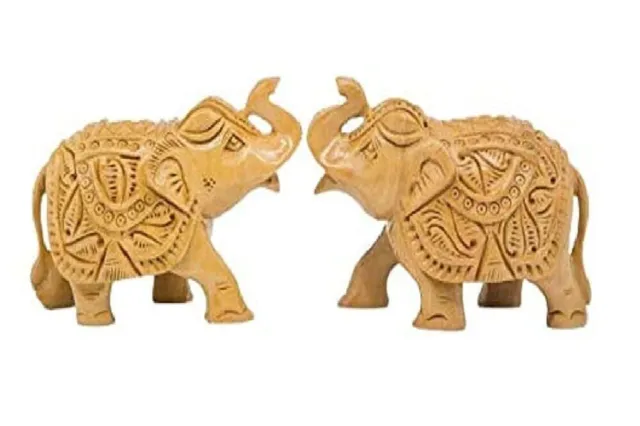 Wooden Elephant Statue 3" Inches Fine Hand Carved Animal Figures Sculpture India