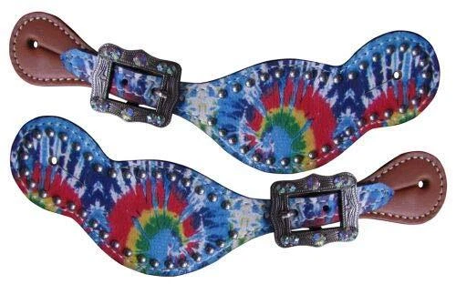 Showman Ladies Tie Dye Print Leather Spur Straps w/ Rhinestone Buckles