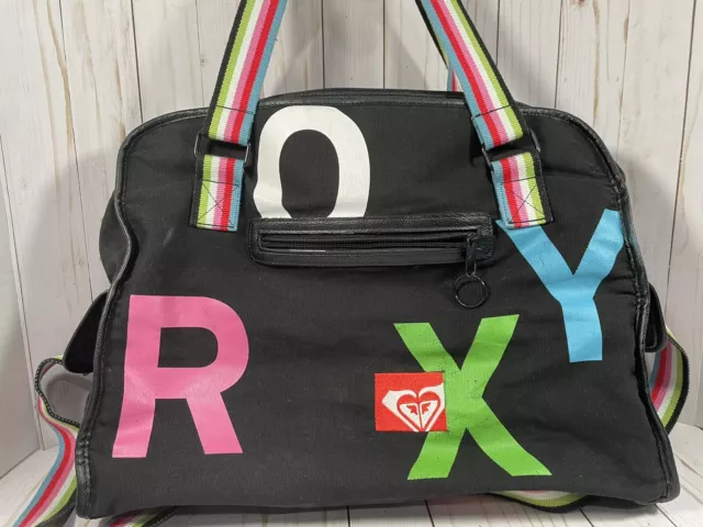 Roxy Duffle Bag Gym Dance Sports Logo BLack Rainbow Shoulder Strap Vintage Style