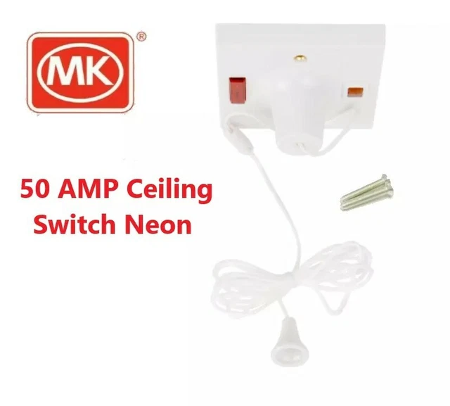MK 50A 1WAY Pull Cord Switch White With Neon 50 Amp Shower Pull Cord