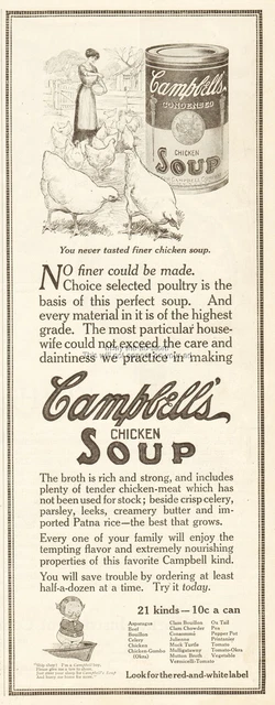 1912 Campbell Chicken Soup Kid Camden NJ Farm Barnyard Poultry Kitchen Decor Ad