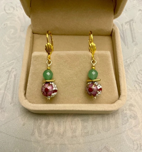 Boucles D'Oreilles Anciennes En Jade Et Émaux Cloisonnés - Plaqué Or - Style Vintage