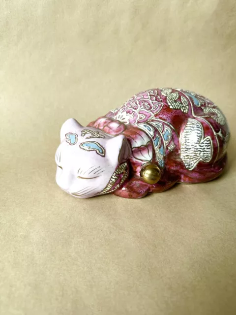 Pink Cloisonne Hand Painted Chinese Sleeping Cat Figurine 2