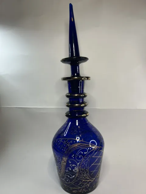 Antique LARGE Hand-Painted Blue Glass And Gold Detail  Decanter with Stopper