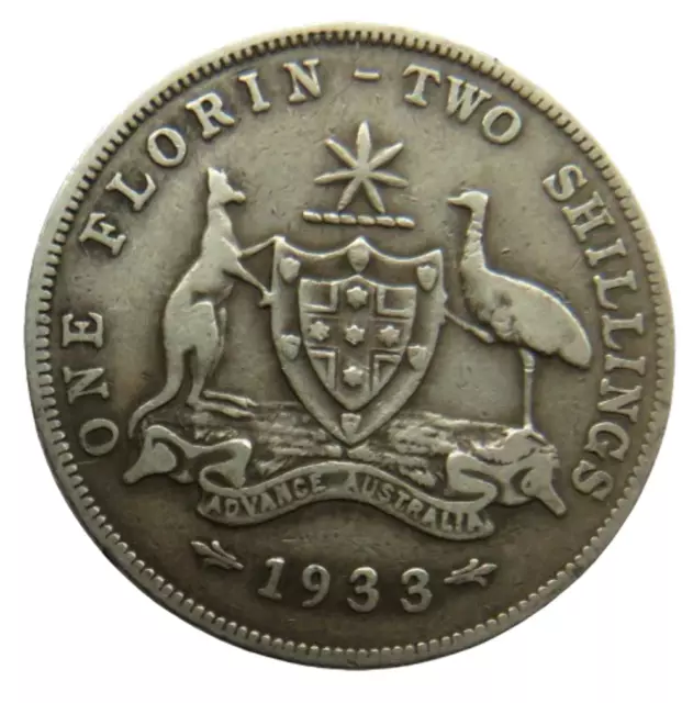 1933 King George V Australia Silver Florin / Two Shillings Coin