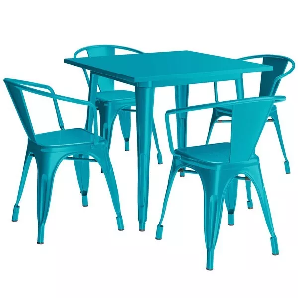 31.5'' Square Teal Metal Restaurant Table Set with 4 Armchairs For Outdoor Use