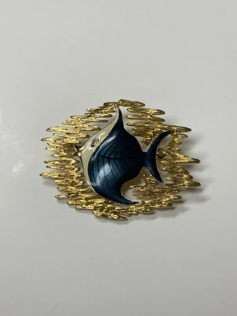Brooch Angel Fish Gold white blue 3" Pin