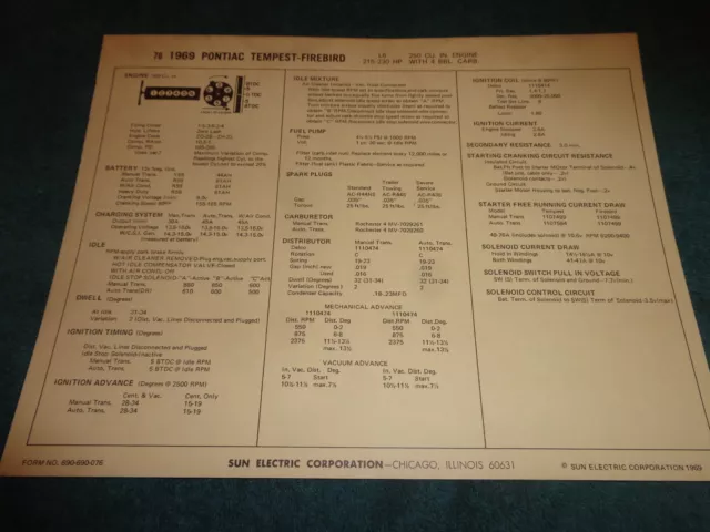 1969 Pontiac / Tempest / Firebird 250 I-6 Engine Sun Tune-Up Chart / 4Bbl Carb