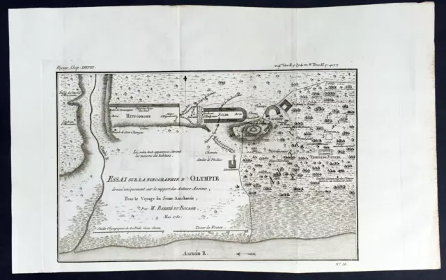 1780 Barbie Du Bocage Large Antique Map Plan of Olympia, Greece - Olympic Games