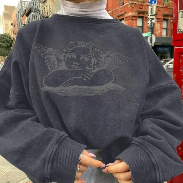 Harajuku Hoodie Sweatshirt Women Fashion Angel Printed Crewneck Loose