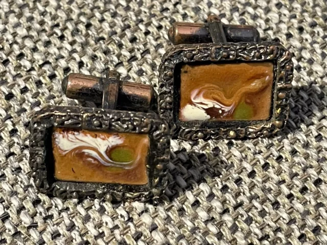 Vintage Retro Brown Enamel on Copper Pair of Cufflinks