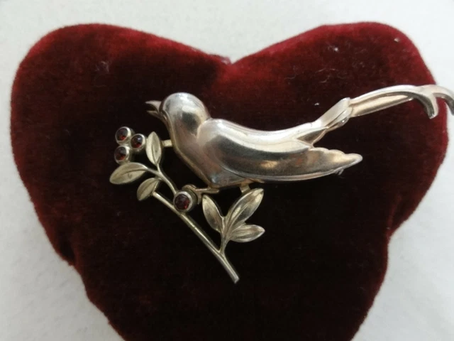 Victorian Superb Bird On Branch Two Tones Gold Plated Ruby Paste Stones Brooch