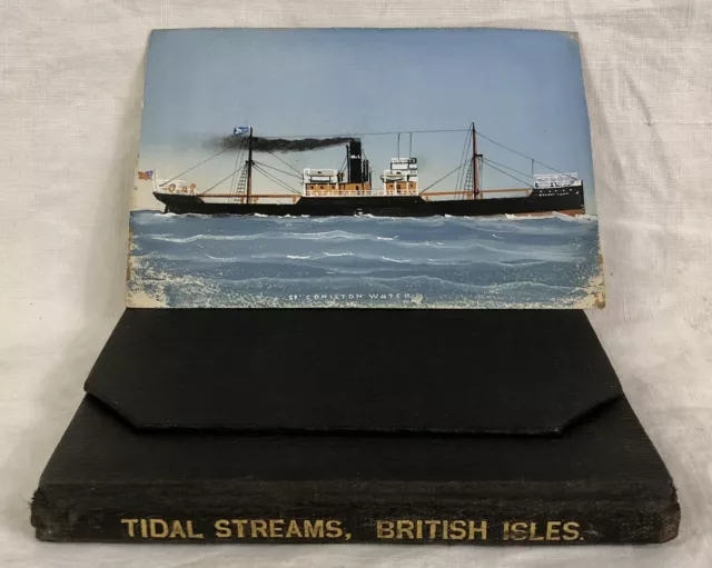 Antique Ship SS Coniston Painting & Water Tidal Stream Atlas 1906, Mostyn Field