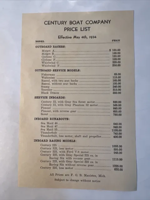 1934 CENTURY Boats Price List, Sea Maid, Thunderbolt, Pioneer, Cyclone, Midget