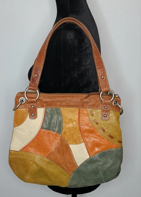 VTG Boho Hippie Fossil Patchwork Multicolor Leather Canvas HandBag Purse Medium