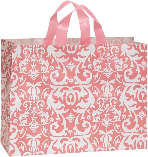 Shopping Bags Plastic 100 Pink Damask Frosty Frosted Merchandise 16" x 6" x 12"