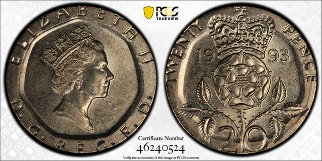 GREAT BRITAIN UK ENGLAND 1992  20 Pence  RARE ERROR STRUCK ON 5 Pence  FLAN MS64