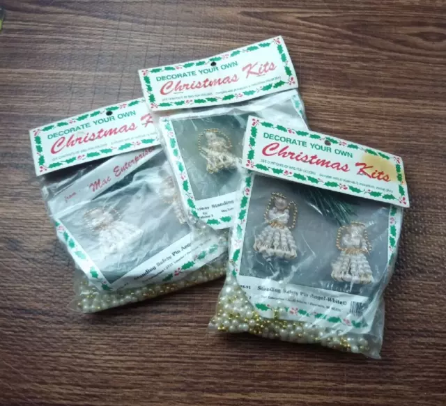 Vintage Angel Christmas Ornament Kit Makes 2 Beaded Clear Gold Safety Pins set 3