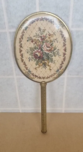 Antique English Large Brass Hand Mirror with Embroidery