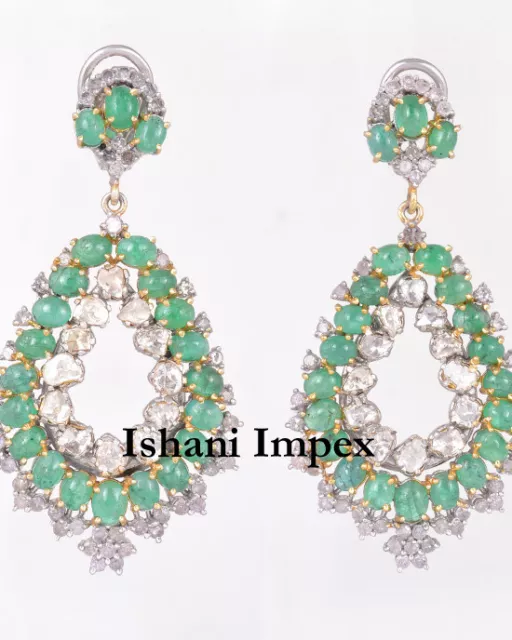 Natural Rose Cut Diamond & Polki Emerald 925 Sterling Silver Earrings Jewelry