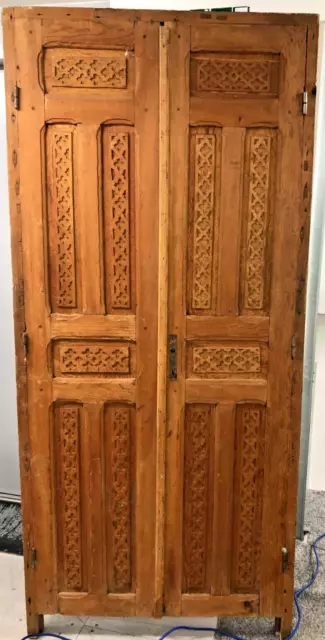 Moroccan Carved Cedar Wood Door-Double Panel Mediterranean Berber Scroll Motifs