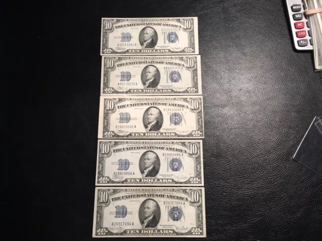set of 5 10.00 silver certificates 1934-ABCD Great deal for a set