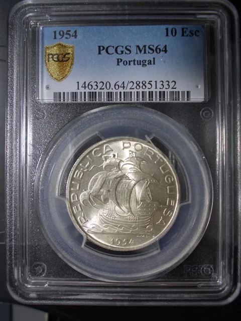 Portugal 1954 10 Esc SILVER COIN PCGS MS64