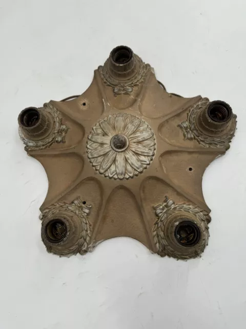 Antique 1920s Art Deco Cast Iron 5 Light Chandelier Ceiling Light Fixture