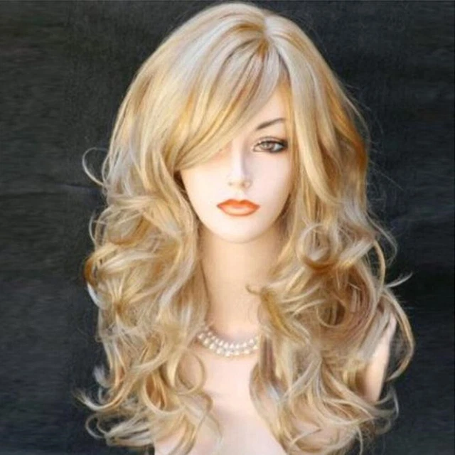 Wig Slanted Bangs Large Wavy Curls Heat-Resistant Silk Gradient Gold