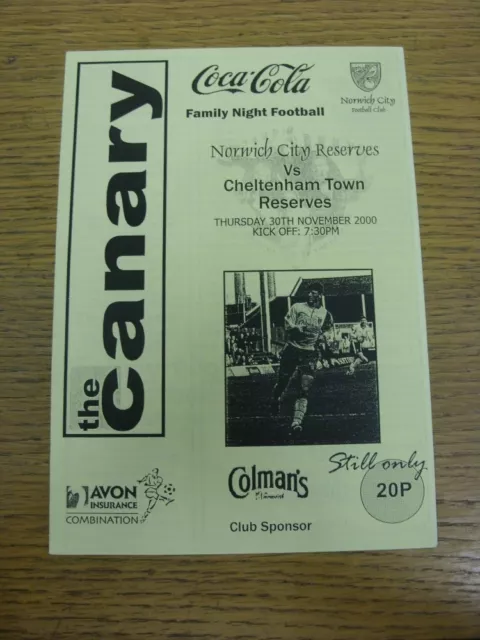 30/11/2000 Norwich City Reserves v Cheltenham Town Reserves [Yellow] . Any fault