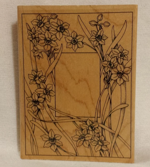 RUBBER STAMPEDE DAFFODIL Frame Floral Flowers Large Wood Mounted Rubber