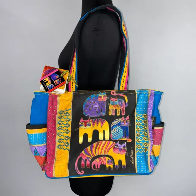 Laurel Burch Cat Beach Tote Shoulder Bag Purse Colorful Art Geometric Metallic