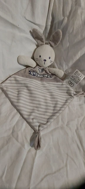 Doudou plat lapin blanc gris rayé Trop Mimi MOTS D'ENFANTS