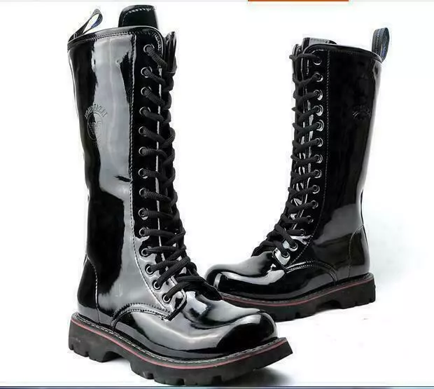 MENS COMBAT PUNK boots Mid Calf patent leather Strappy military ...