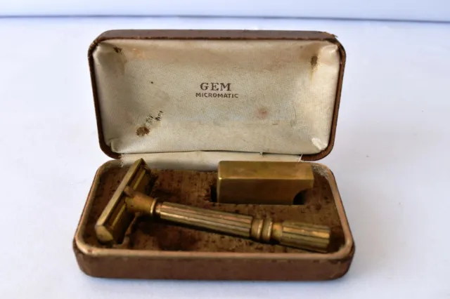 Vintage Gem Micromatic Gold De-Luxe Single Edge Safety Razor Set 1930S Rare"F