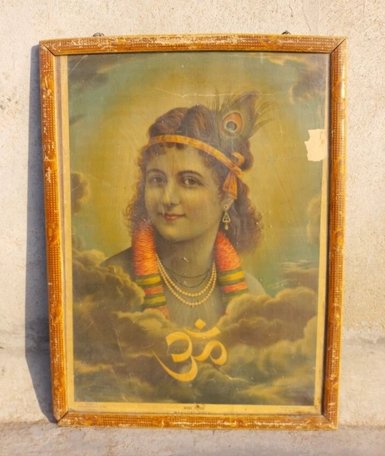 Antique Old Collectible Hindu God Krishna With Om Holy Lithograph Print Framed