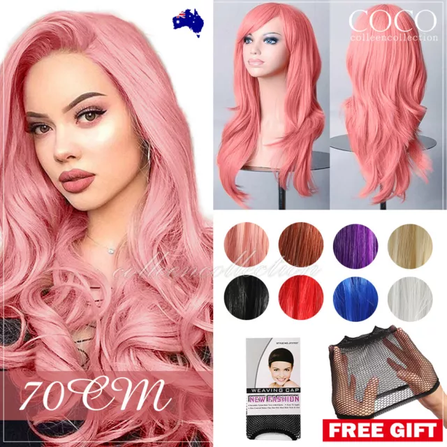 NEW Women 70cm Long Wavy Curly Hair Synthetic Cosplay Full Wig Wigs Cap Part AU