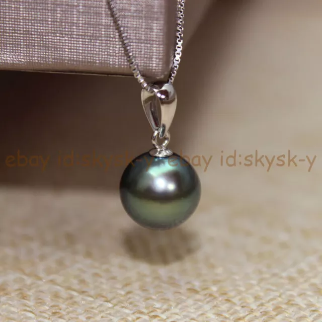 Perfect Round Natural Tahitian Peacock Black Green Pearl Pendant Necklace 18''