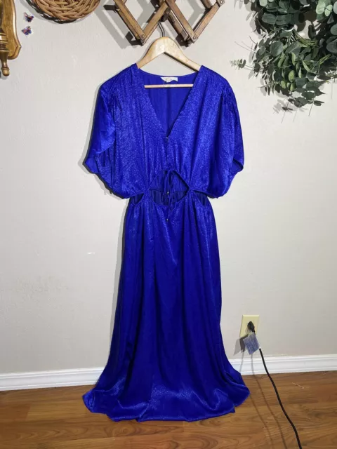 ENTRO royal blue polka dot satin draped shoulder maxi dress cutouts beach summer