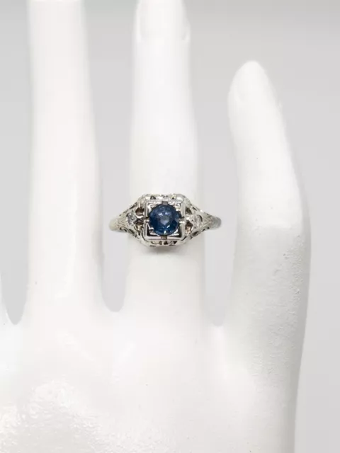 Antique 1920s $2400 .83ct 3 Blue Sapphire Diamond 18k White Gold Filigree Ring