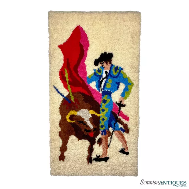 Mid-Century Spanish Matador Bull Fighter Shag Rug Wall Art - 3x4