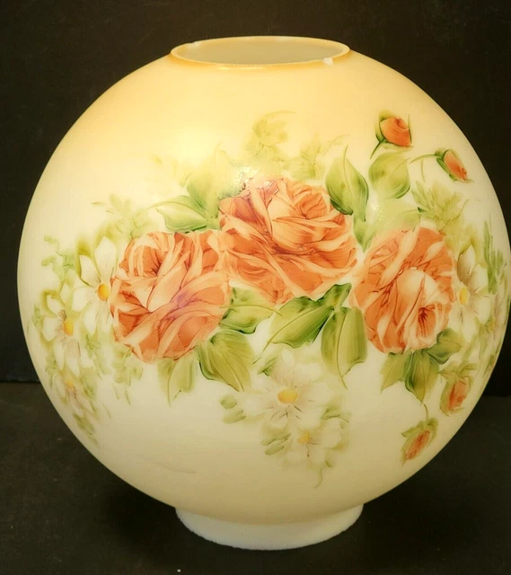 Antique Painted ROSES Glass Ball 9.5" Shade GWTW Parlor Lamp Flowers 4" fitter