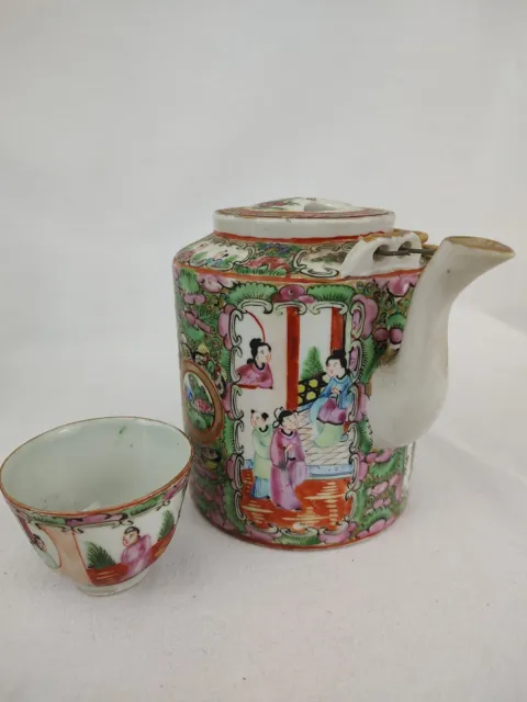 Antique Chinese Export Rose Tea Pot Wrapped Handles W/ Tea cup