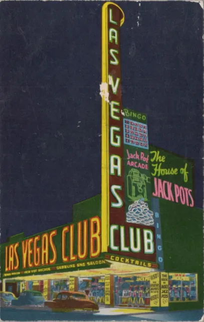 The House of Jackpots neon sign Las Vegas Nevada Club bingo arcade postcard B55