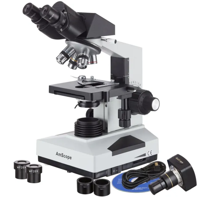 AmScope 40X-2000X Binocular Compound LED Microscope + USB Camera +3D Stage